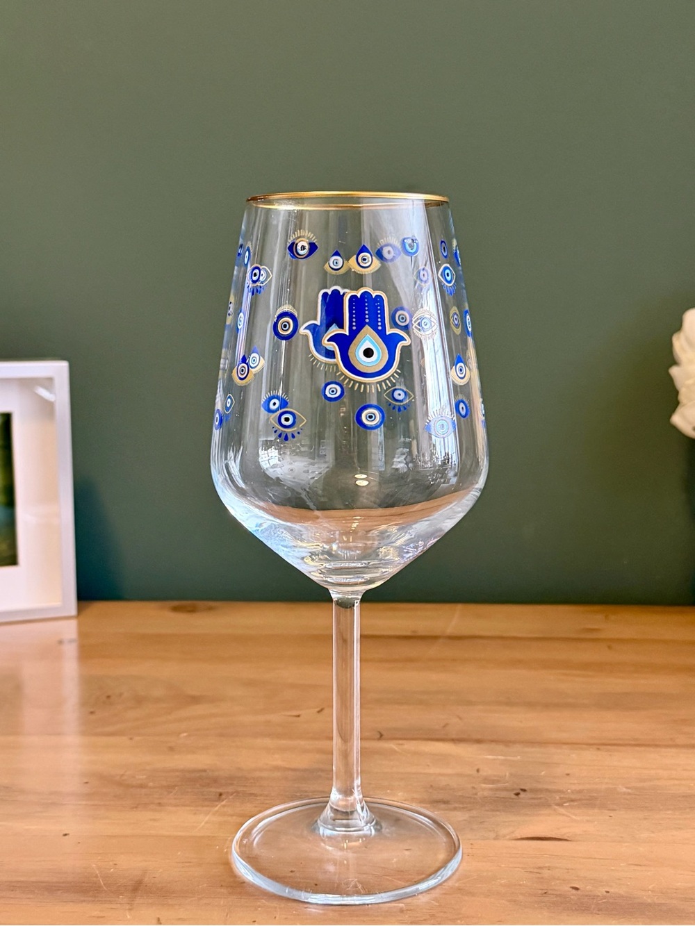 Evil Eye Hamsa Wine Glass Gold Rim Blue Nazar Stemmed Goblet
